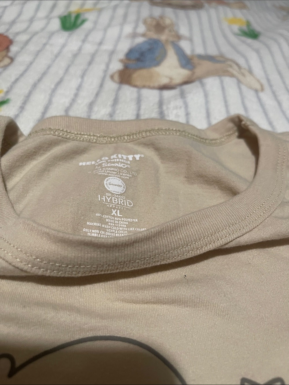 Hello Kitty Short Sleeve Tee in Beige with Pink Bow & Blue Overalls - Picture 2 of 4